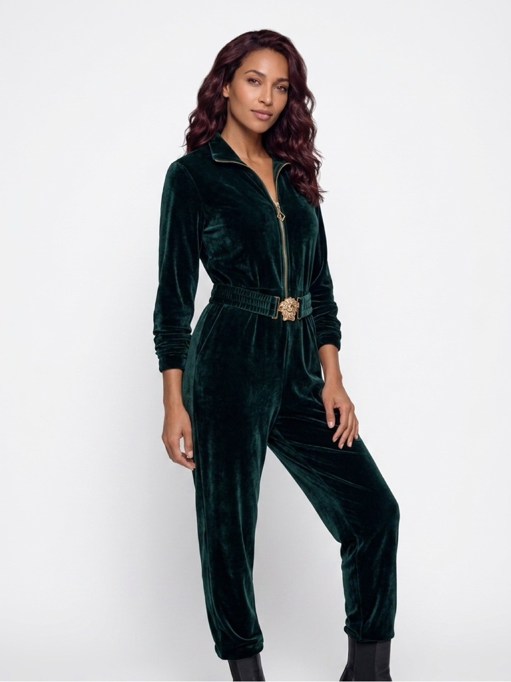 HALARA Emerald Green Velvet Zip Jumpsuit with Decorative Belt